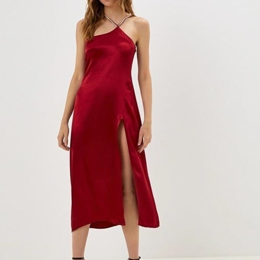 For Love And Lemons NWT halter Red satin maxi midi cocktail Dress with slit XS
